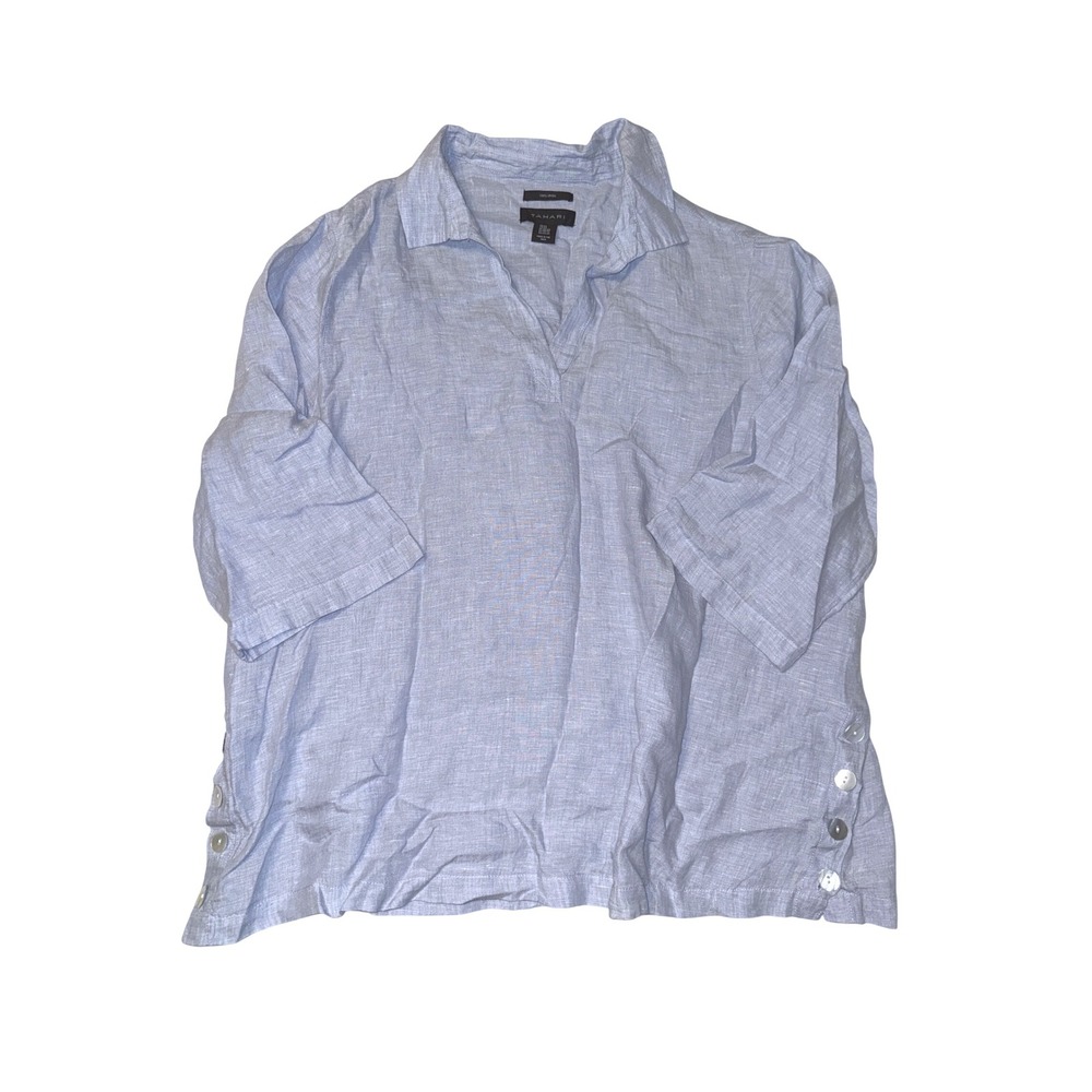 Tahari Women 2X Light Blue 100% Linen Tunic Top Side Button V-Neck Blouse Plus